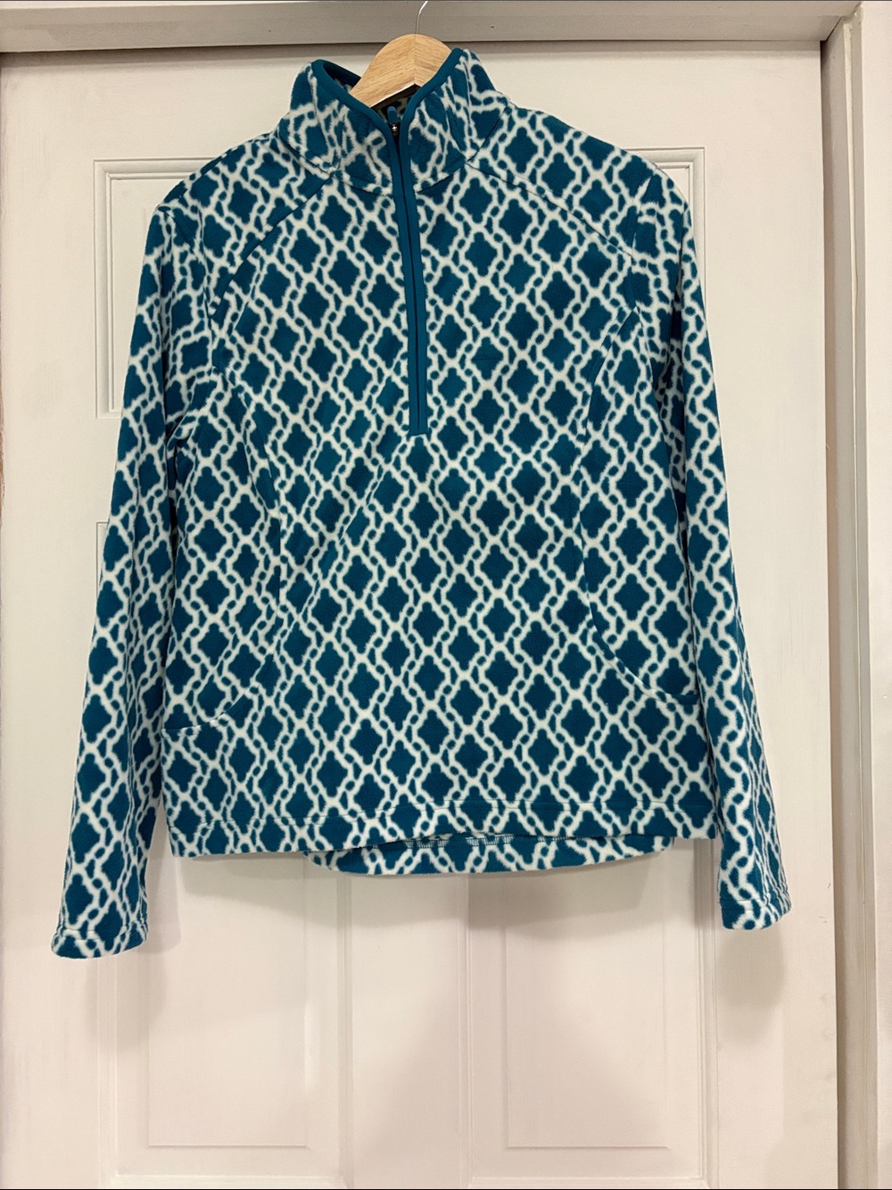 Lands' End Teal and White Patterned Quarter-Zip Fleece